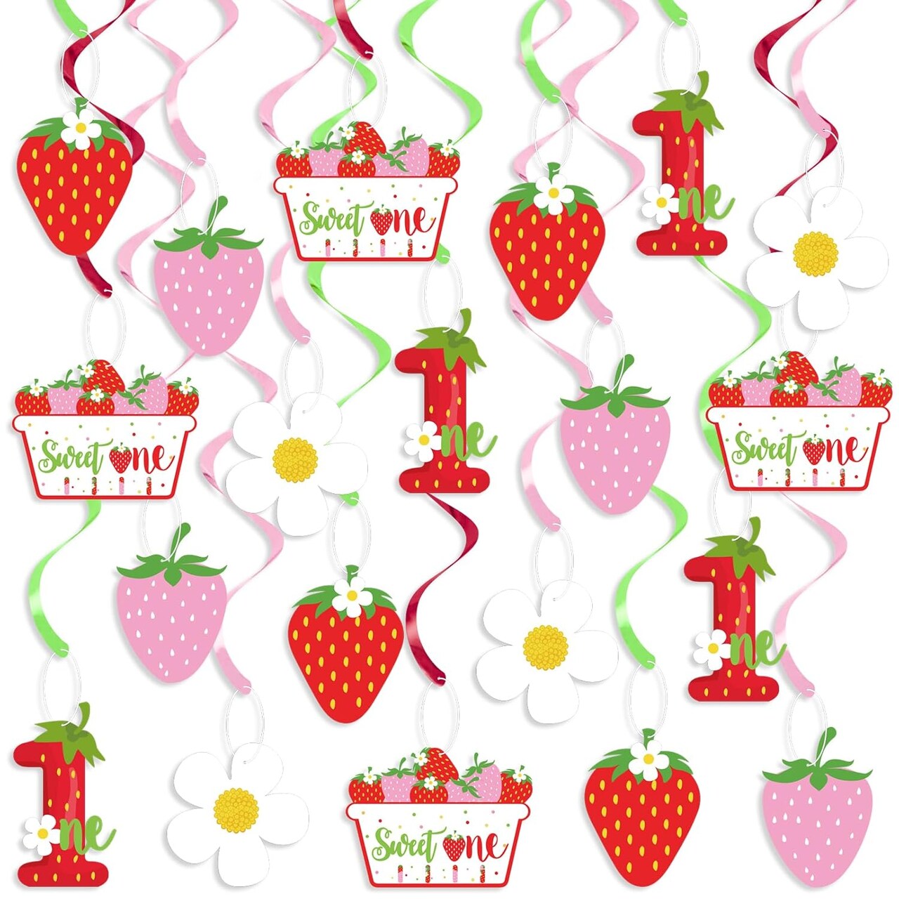 Strawberry Swirls 1st Birthday Hanging Decor | Berry Sweet Foil Streamers for Sweet One’s Party, Girl’s First Birthday & Summer Fruit Themed Supplies